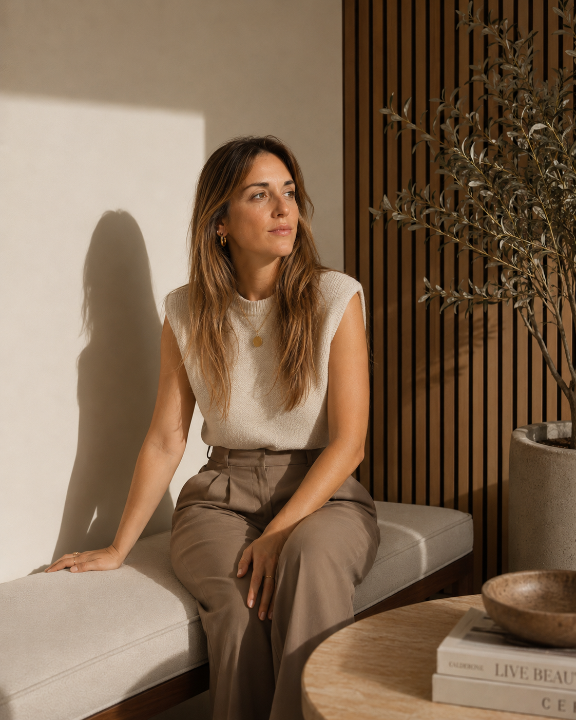 A woman with long, wavy brown hair, wearing a sleeveless beige top and taupe pants, sits on a light-colored cushioned bench in a room with wooden paneling and a potted plant. She gazes to the right with a relaxed expression.