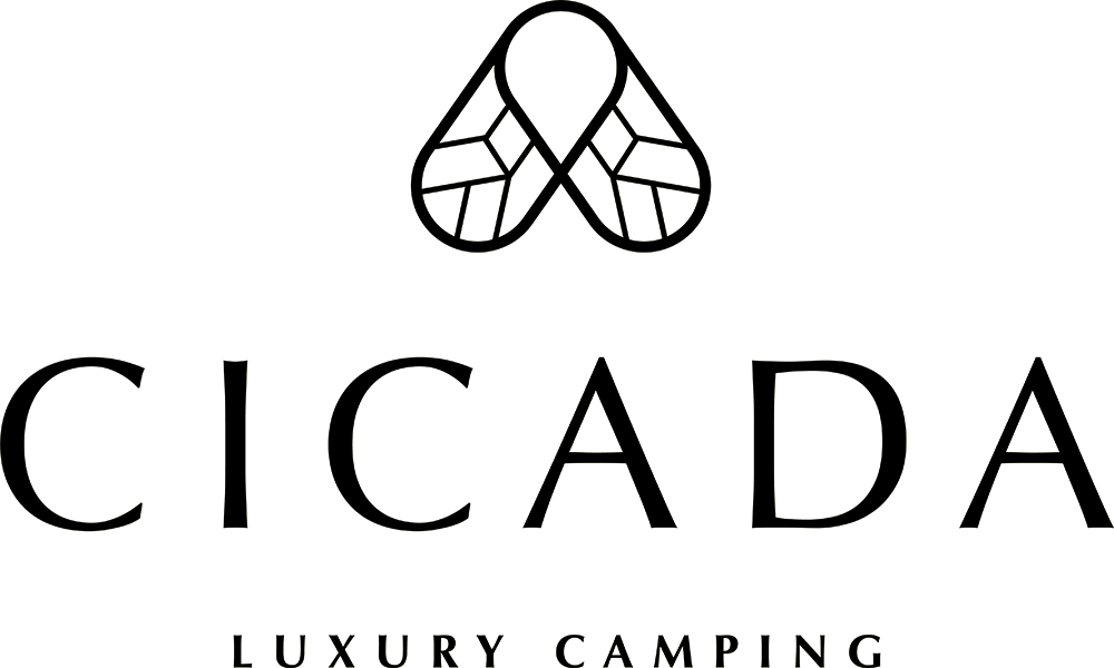 A logo for CICADA Luxury Camping featuring a stylized cicada above the word 'CICADA' and the phrase 'Luxury Camping' below.