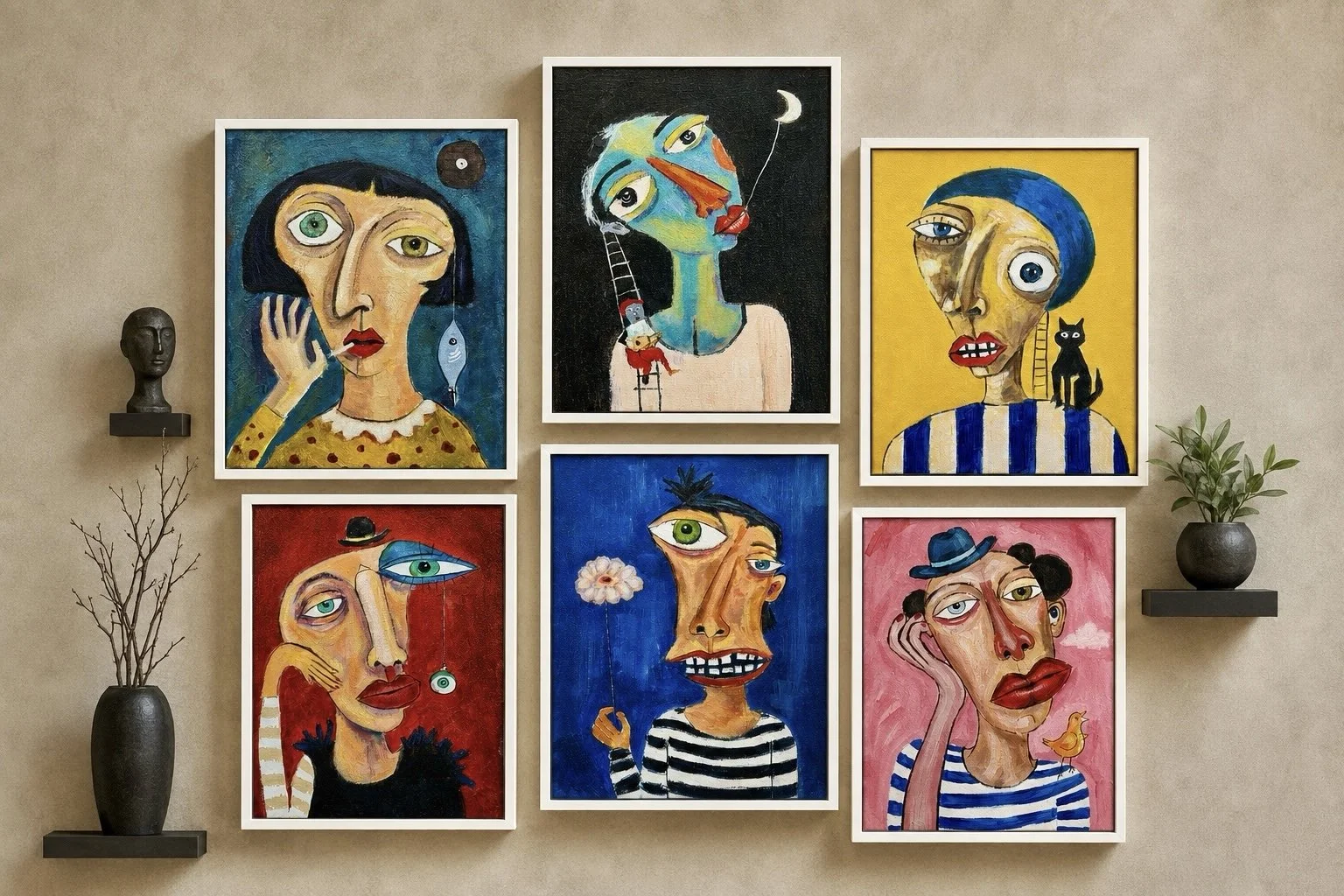Title: Faces / 
Medium: Acrylic on Canvas Board /	
Size: 9x12 inches each FRAMED / 	
Price: Rs. 55,000 / for 6
SOLD