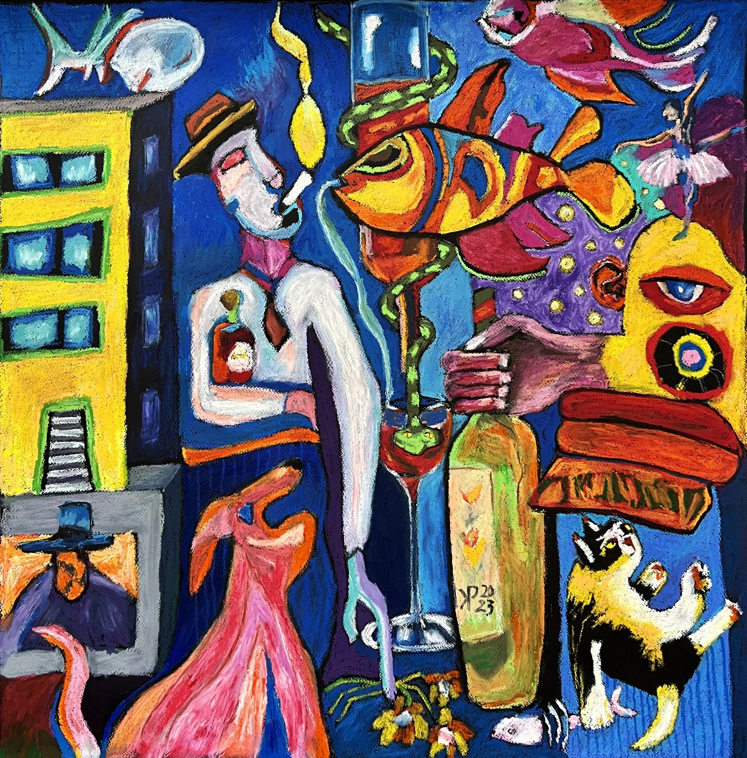 Title: Good Times 2023 / 
Medium: Oil Pastel on Paper - FRAMED /	
Size: 28x28 inches / 	
SOLD