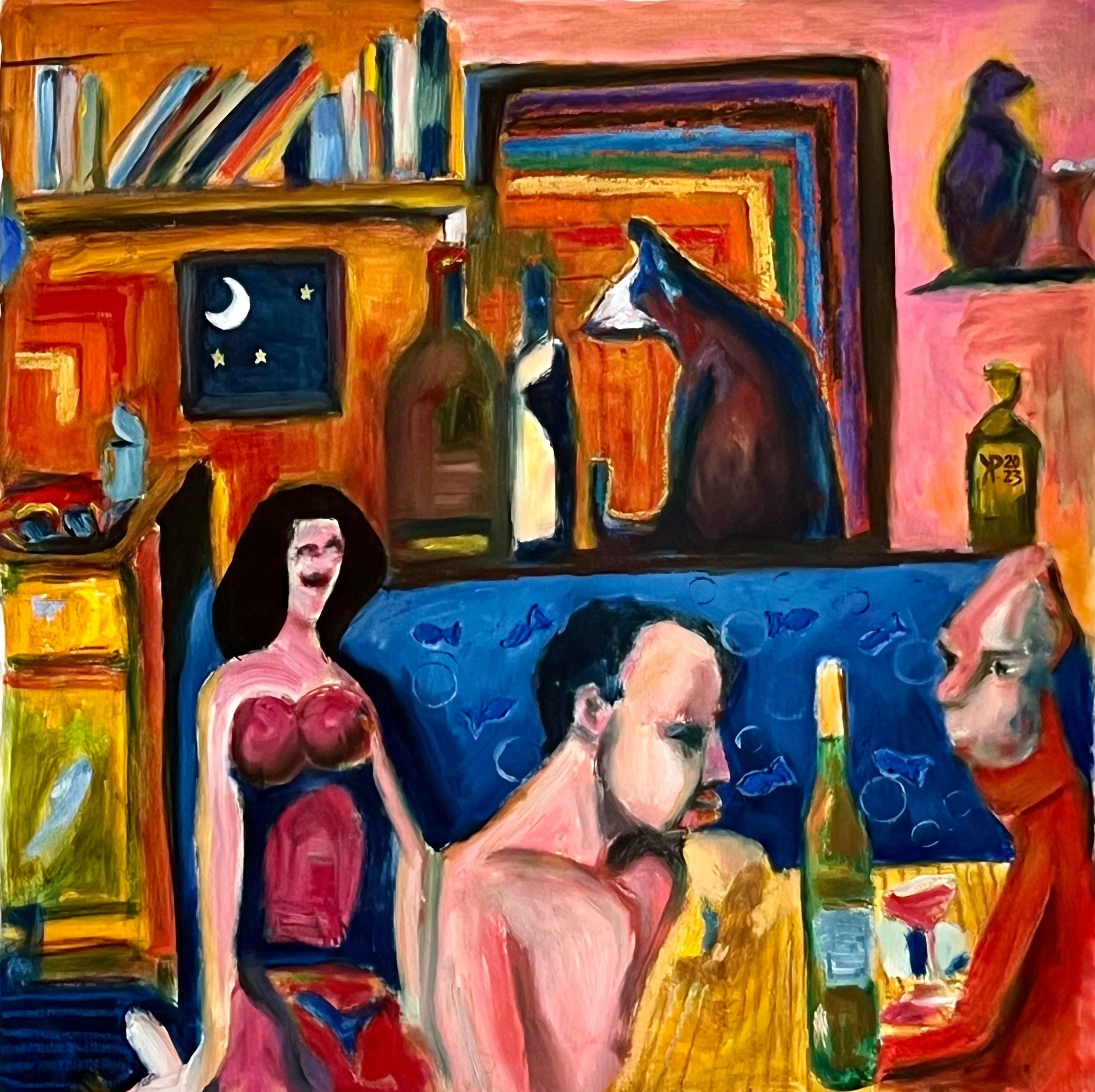 Title: Day Off 2023 / 
Medium: Oil, Oil Pastel on Paper - FRAMED /	
Size: 20x20 inches / 	
Price: Rs. 35,000 /
AVAILABLE