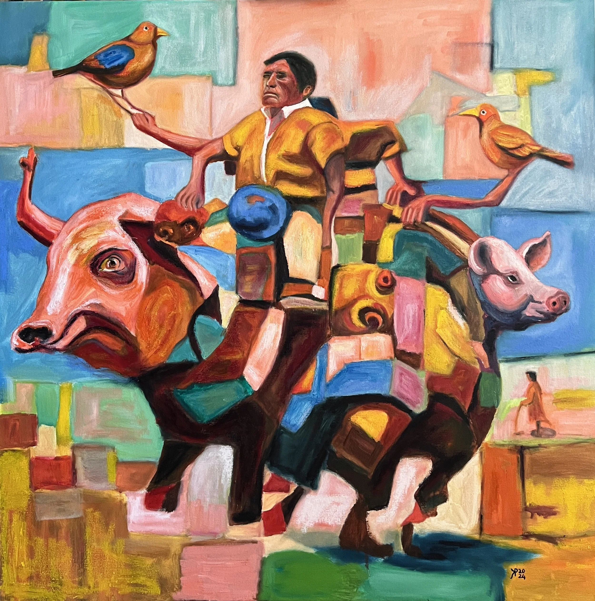 Title: Traveller's Tales / 
Medium: Oil and oil stick on canvas /	
Size: 42x42 inches / 	
Price: Rs. 105,000 /
AVAILABLE