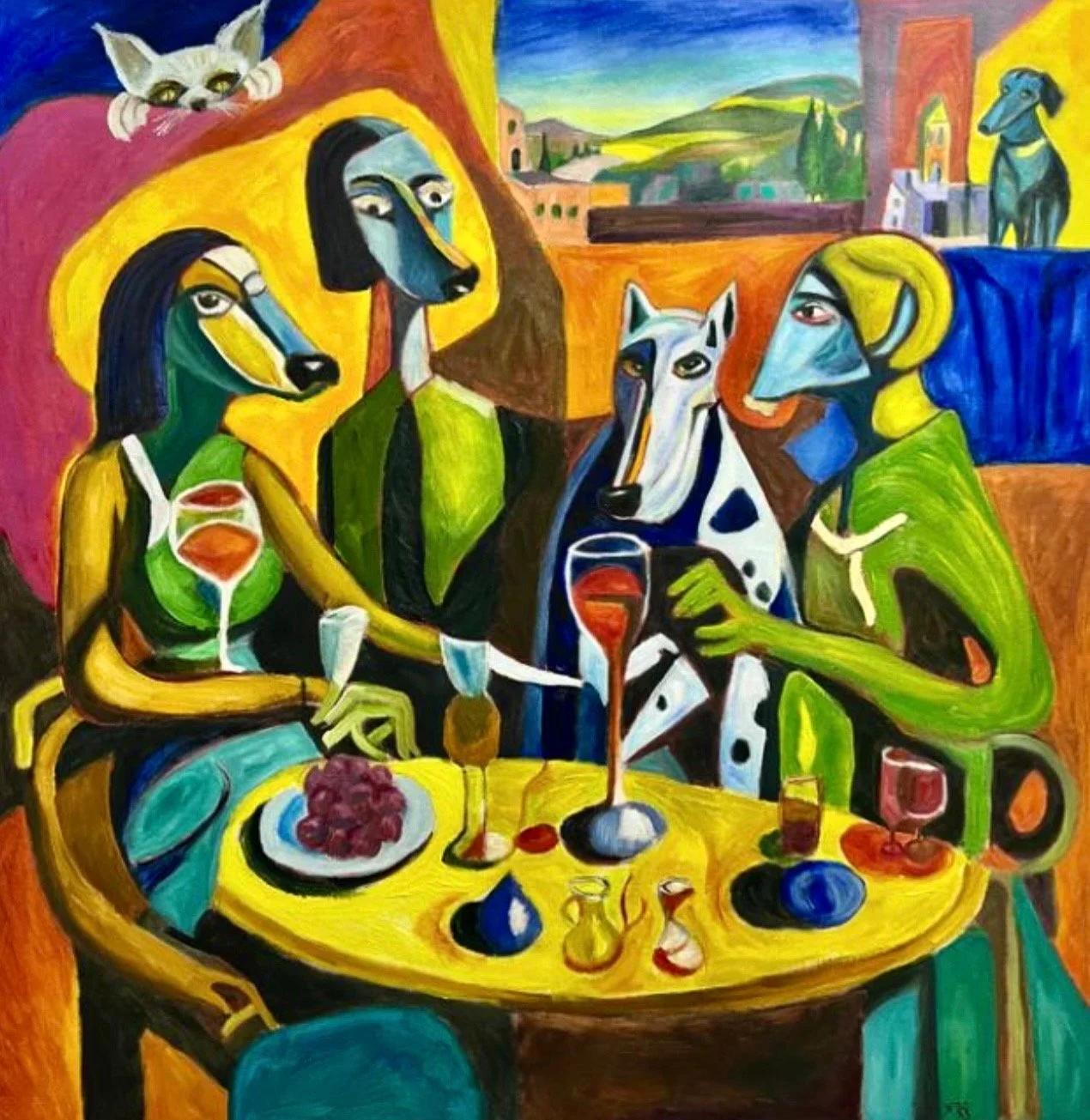 Title: Pawsitively Posh / 
Medium: Oil and oil stick on canvas /	
Size: 42x42 inches / 	
SOLD