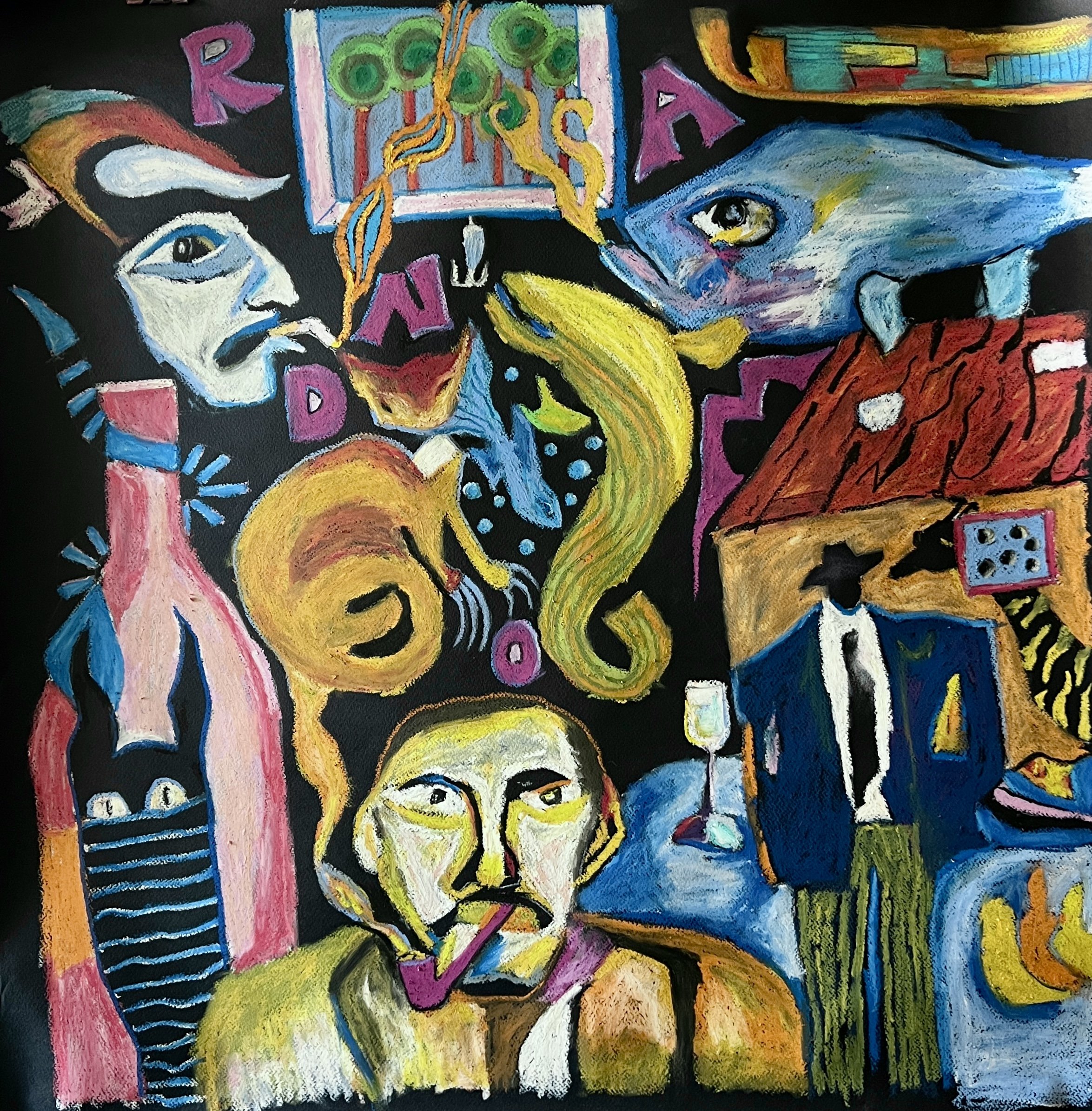 Title: Random Overload / 
Medium: Oil Pastel on Paper /	
Size: 27x27 inches / 	
SOLD