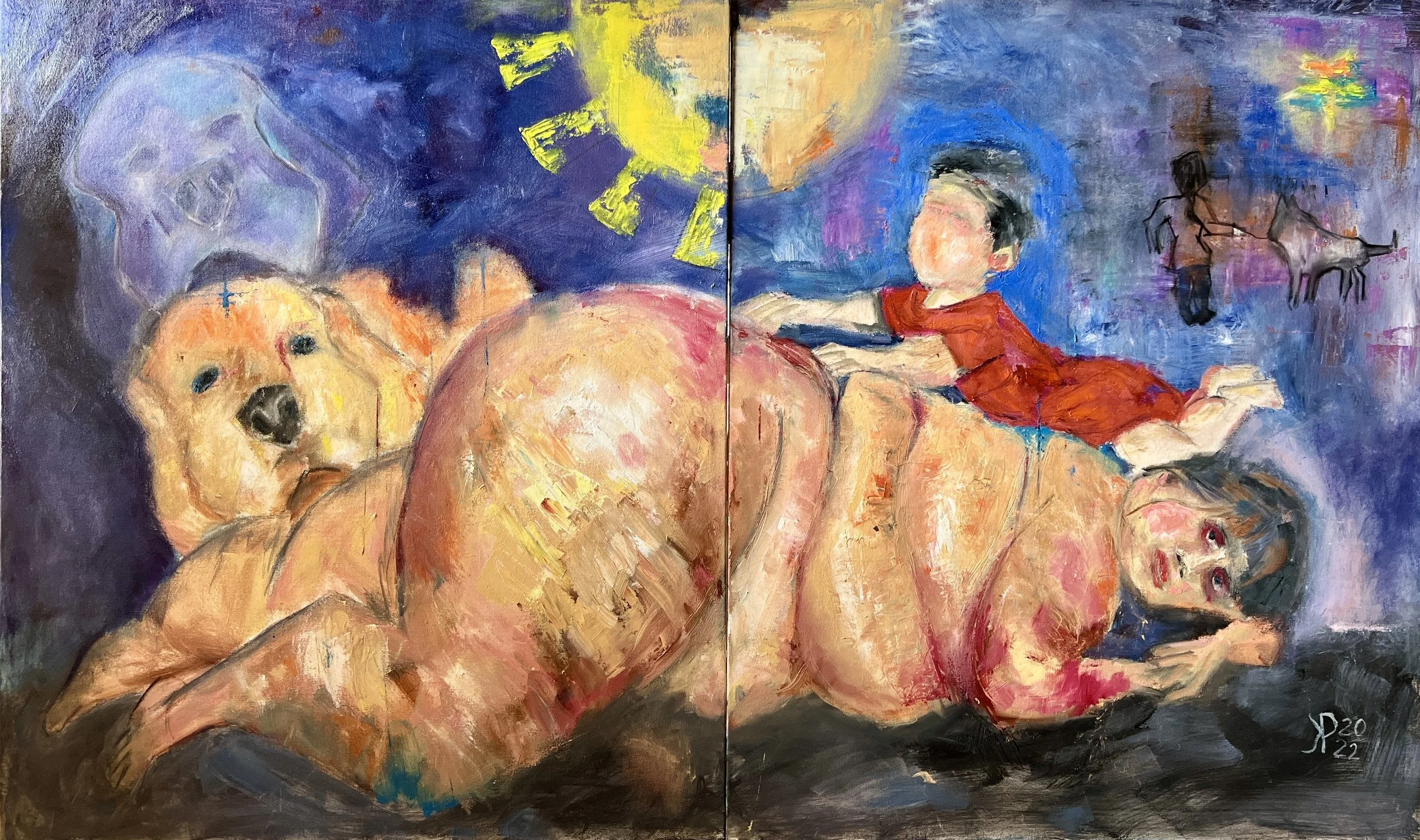 Title: Dog Lover 2022 / 
Medium: Oil on Stretched Canvas - Diptych /	
Size: 36x60 inches total / 	
Price: Rs. 95,000 /
AVAILABLE