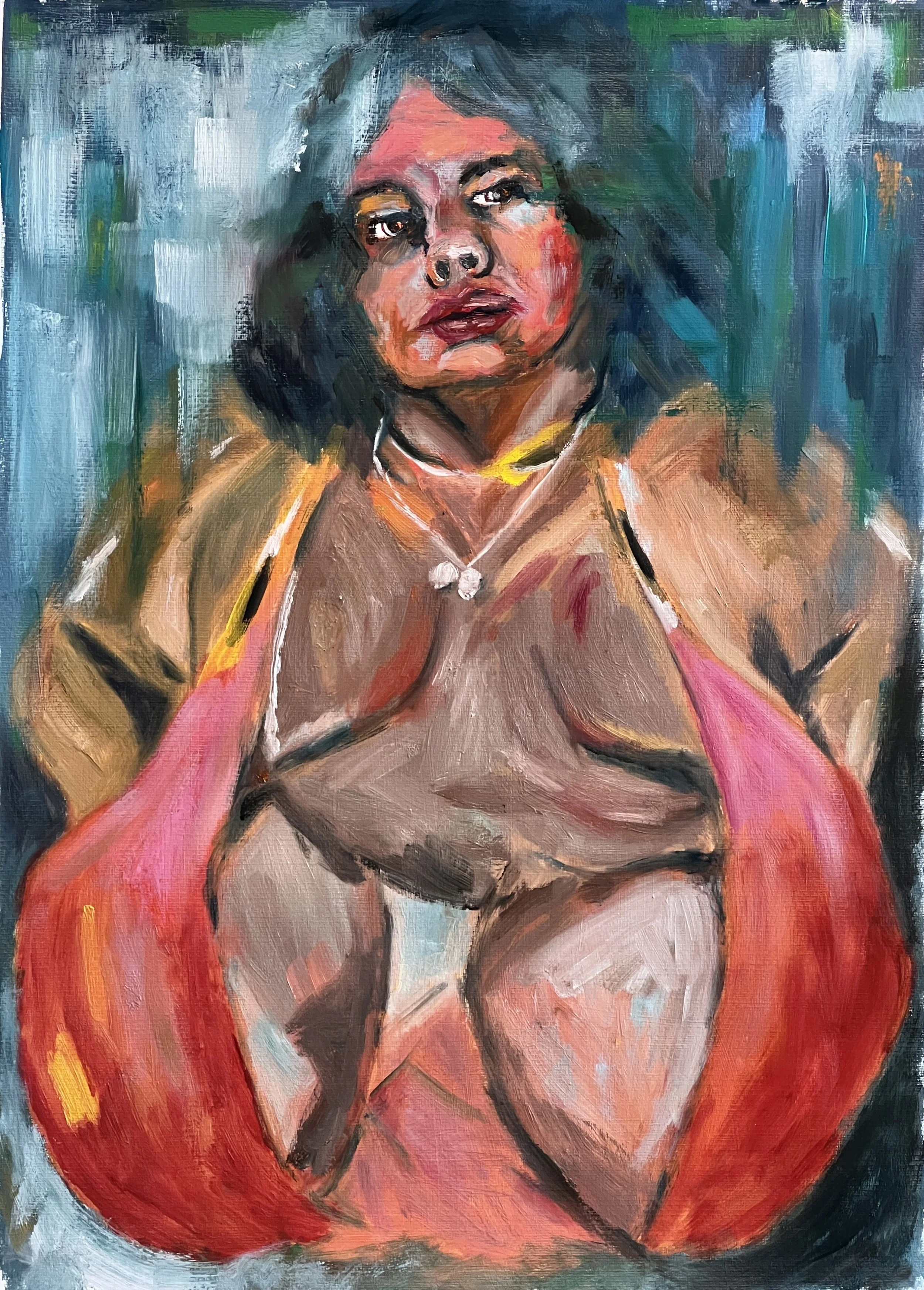 Title: My Eyes Are Up Here/ 
Medium: Oil and Oil Pastel on Paper /	
Size: 20x28 inches/ 	
Price: Rs. 52,000 /
AVAILABLE