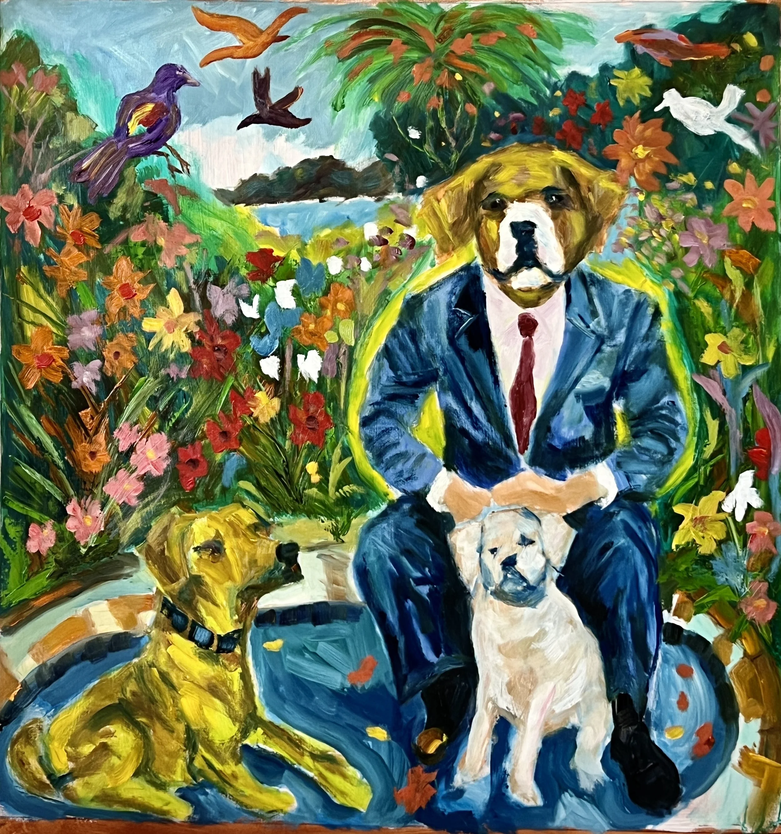 Title: The Canine Way / 
Medium: Oil and Oil Pastel on Paper /	
Size: 27X27 inches / 
SOLD