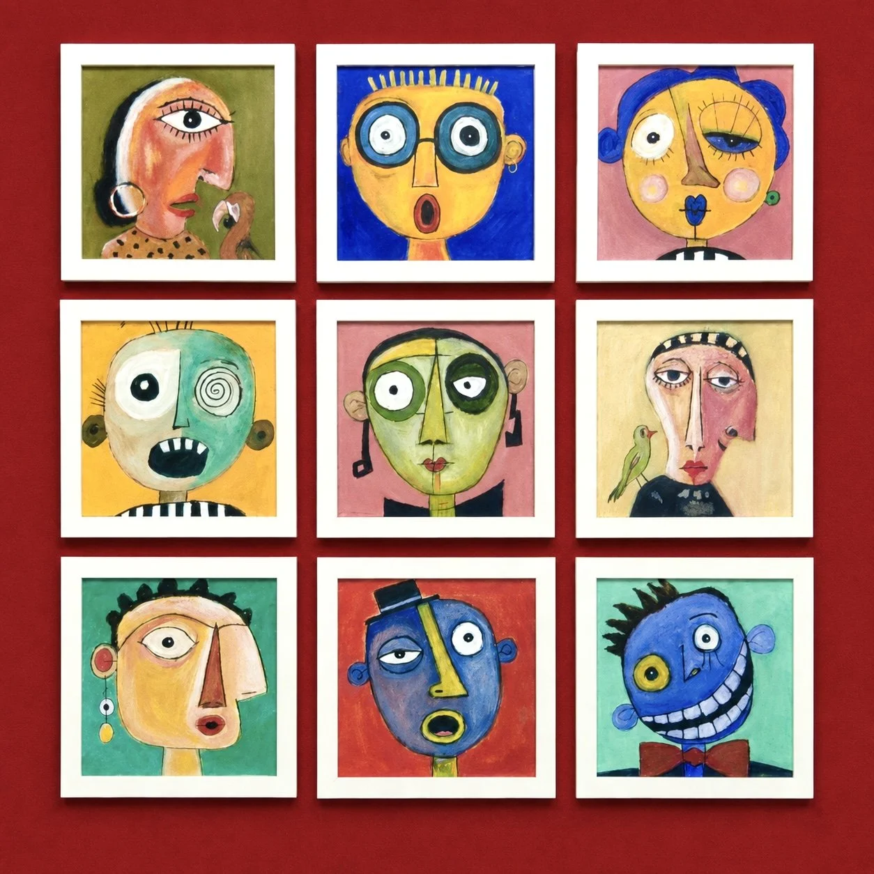 Title: Faces / 
Medium: Acrylic on Canvas Board /	
Size: 8x8 inches each FRAMED / 	
Price: Rs. 63,000 / for 9
AVAILABLE