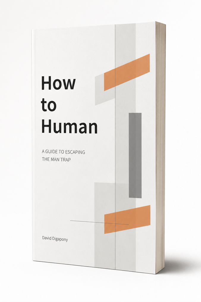 Book titled 'How to Human' by David Digapony, with subtitle 'A Guide to Escaping the Man Trap', featuring minimalist gray and orange geometric design.
