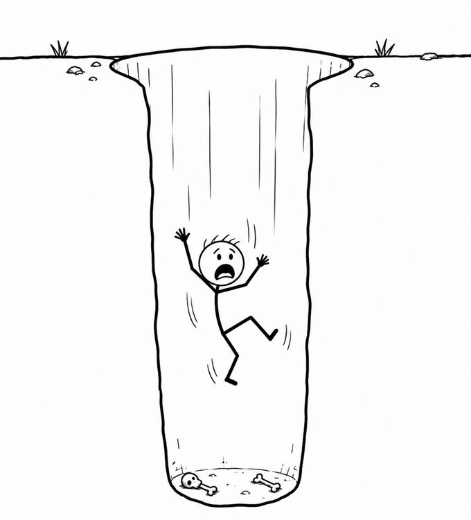 A cartoon drawing of a man falling into the man trap - a deep hole or sinkhole in the ground, with the top of the hole surrounded by some grass and rocks, and bones at the bottom of the hole.