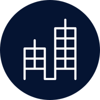 Icon of two tall buildings or skyscrapers with grid-like windows, on a dark circular background.