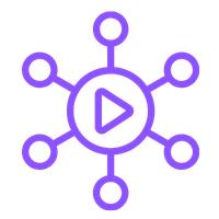Purple network diagram with central play button icon connected to seven circles