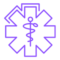 Neon purple medical symbol with a snake wrapped around a staff inside a star-shaped outline.