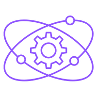 Illustration of a gear inside an atom model with orbiting electrons, representing science or technology.