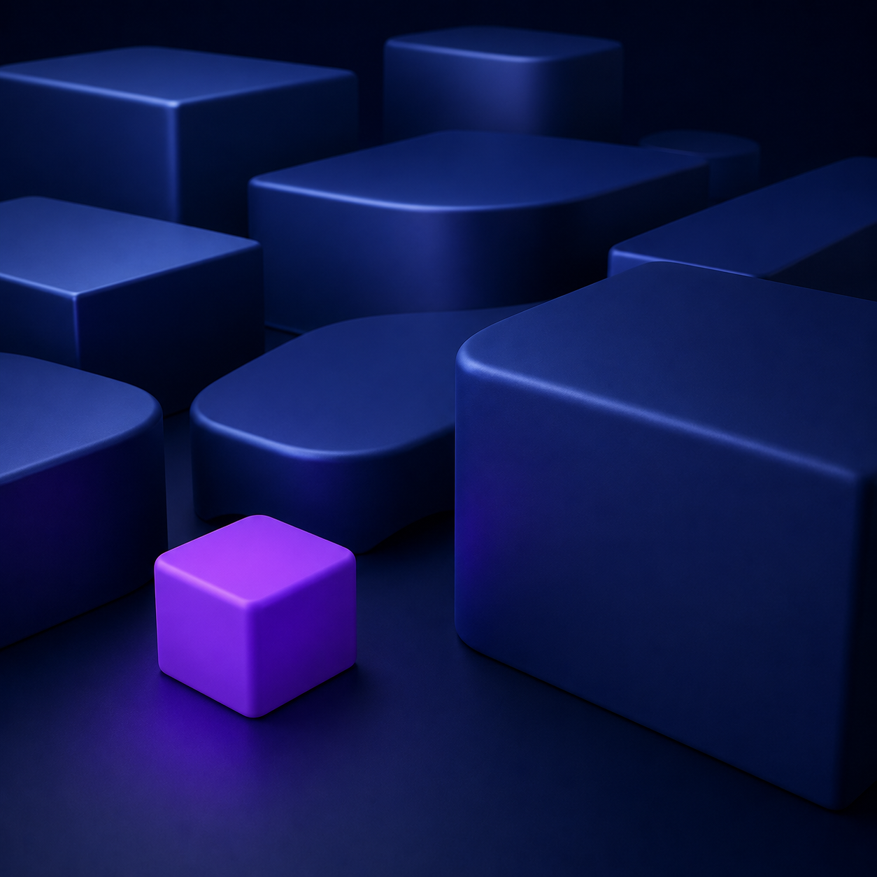 A collection of dark blue, rounded, geometric blocks with one small purple cube illuminated and positioned in front.