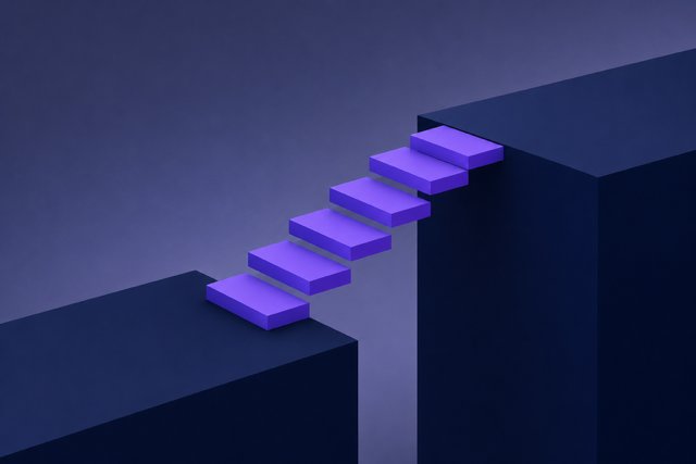 A minimalist digital illustration of seven purple stepping stones ascending between two dark blue platforms against a gradient blue background.