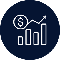 Line graph with an upward trend, a dollar sign, and bar chart elements on a dark background.