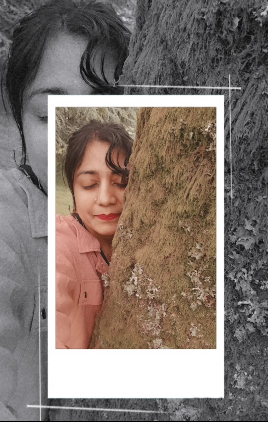 A woman with dark hair, closed eyes, and red lipstick, resting her head against a tree trunk, with her face partially visible.