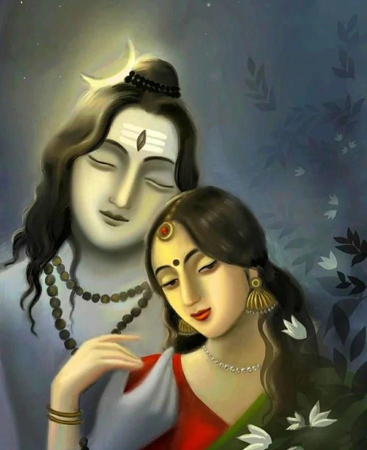 A digital painting depicting Hindu deities Krishna and Radha with tranquility, surrounded by foliage and white flowers.