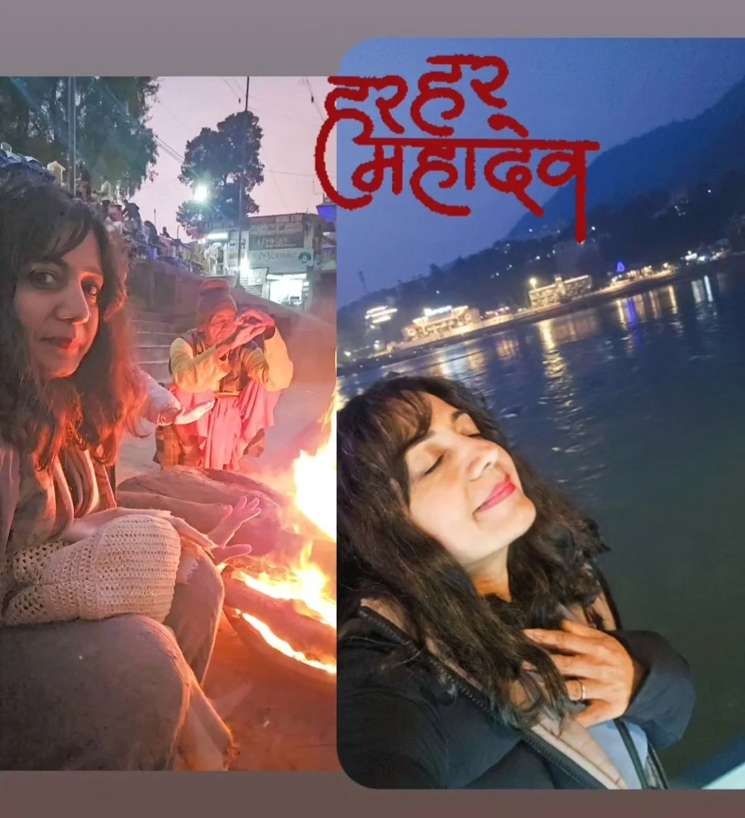 A collage of two images showing women enjoying moments by a river at night, with Nepalese script written across the top.