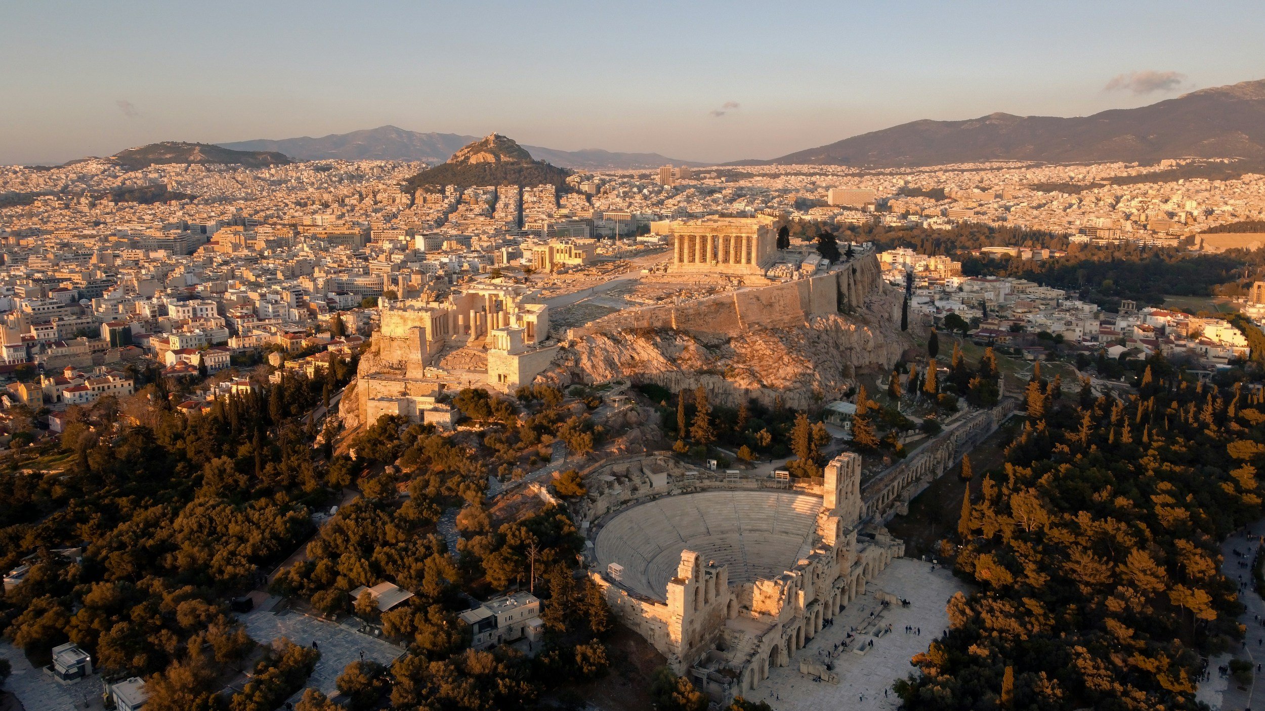 Aerial view of Athens, Greece, with the Acropolis at sunset