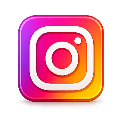 Instagram logo with a colorful gradient background and a white camera icon in the center.