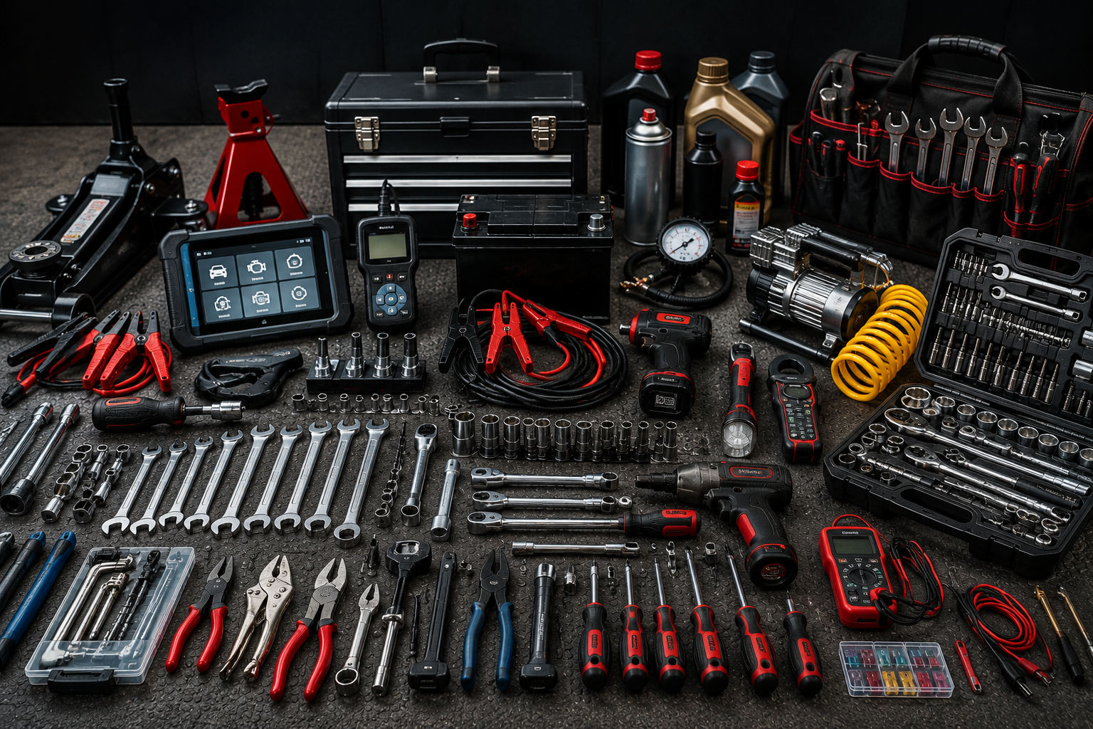 A collection of automotive repair tools and equipment, including wrenches, screwdrivers, power drills, a car diagnostic scanner, air compressor, oil and lubricant bottles, a battery, jumper cables, and various hand tools arranged on a black surface.