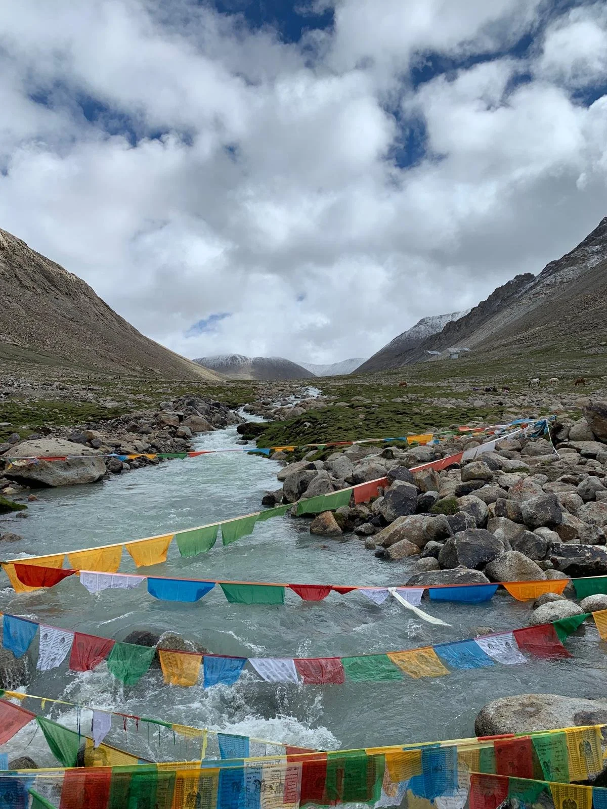 A mountain valley with a river flowing between rocky shores, surrounded by snow-capped peaks under a partly cloudy sky. Prayer flags are strung across the river in the foreground.