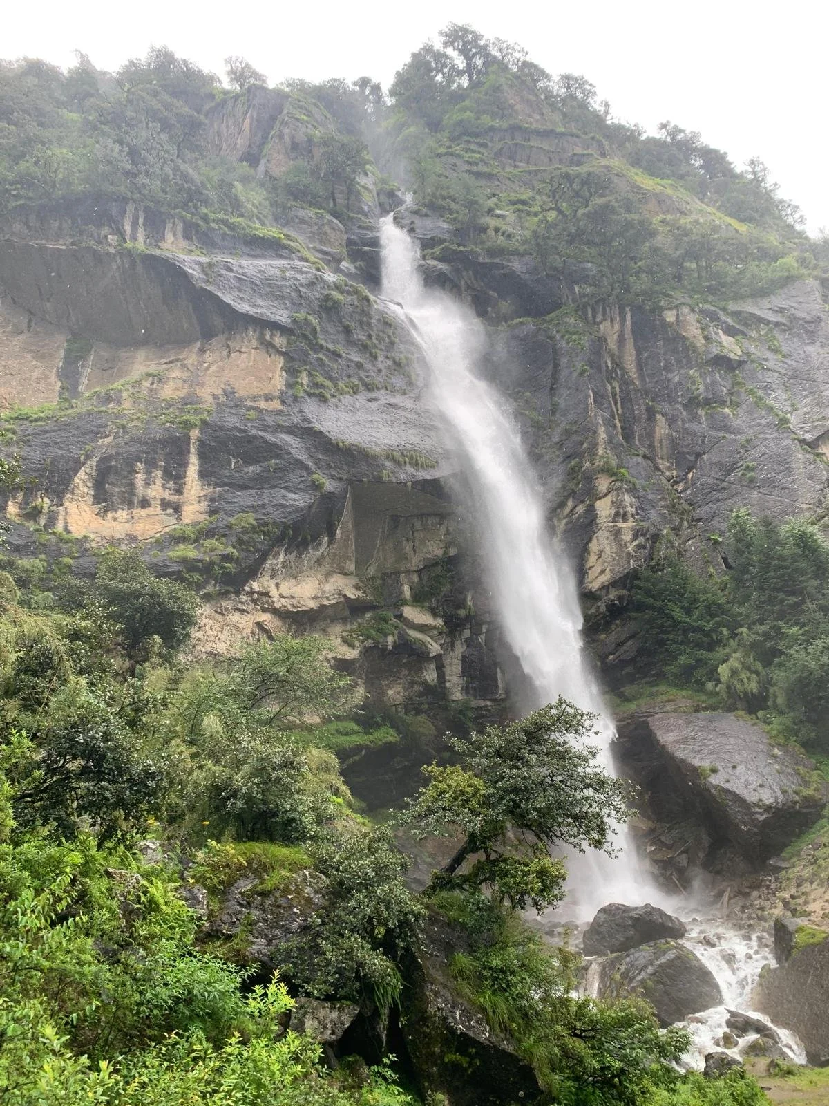 Waterfall cascading down a rocky cliff surrounded by lush green vegetation.