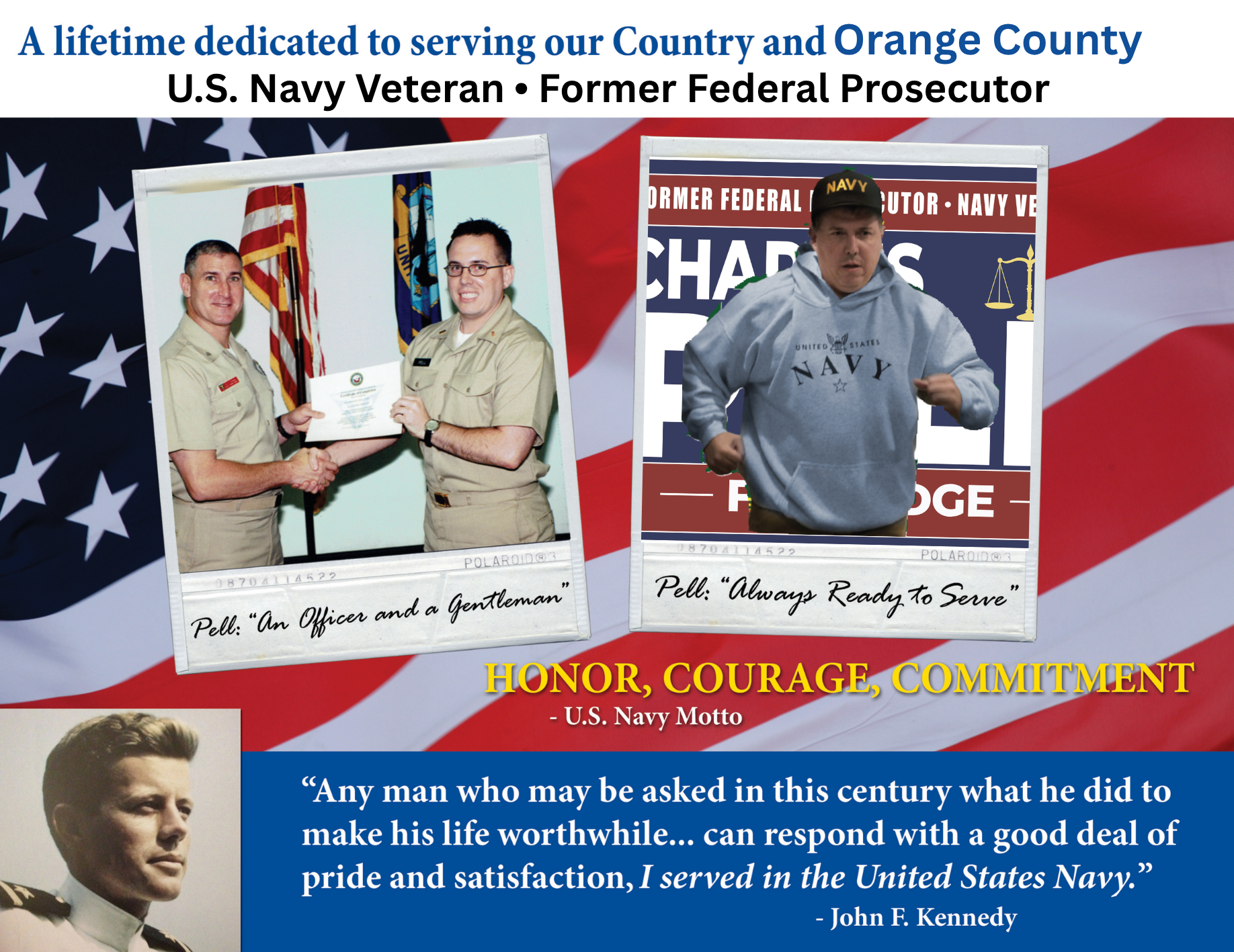 Charles E. Pell Navy Veteran campaign piece highlighting his U.S. Navy service, former federal prosecutor experience, and commitment to honor, courage, and service.
