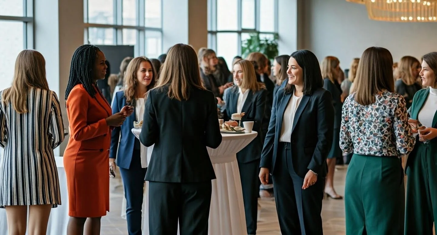 Business women in formal attire socializing at a networking event in a modern, bright venue with large windows.