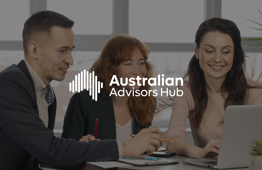 Three people sitting at a table with a laptop, smiling, in a bright office, with a logo for Australian Advisors Hub overlaid.