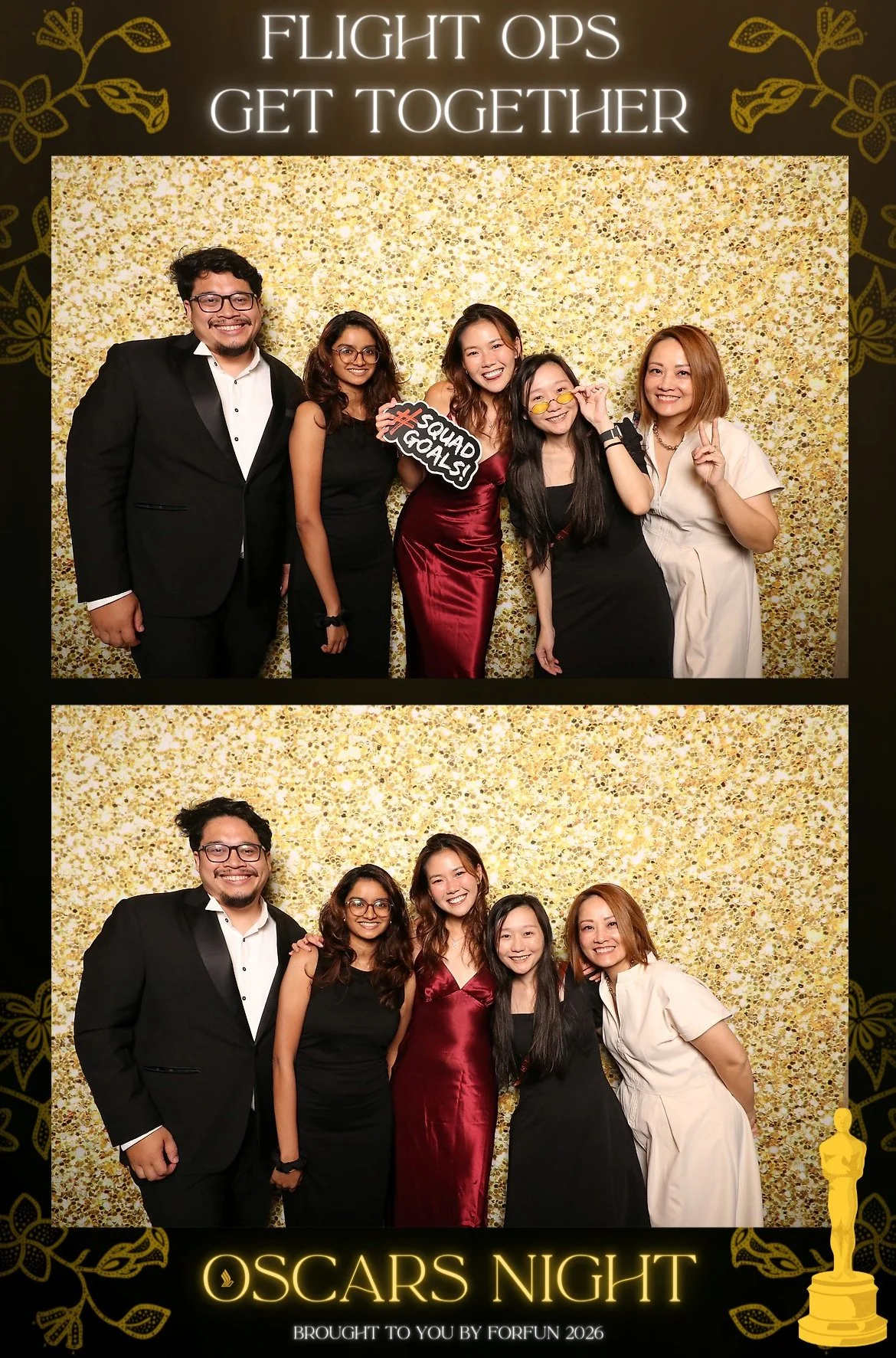 Group of five people dressed in formal attire posing for photos at Oscars Night event with a gold glitter backdrop and black frame, holding a hashtag sign.