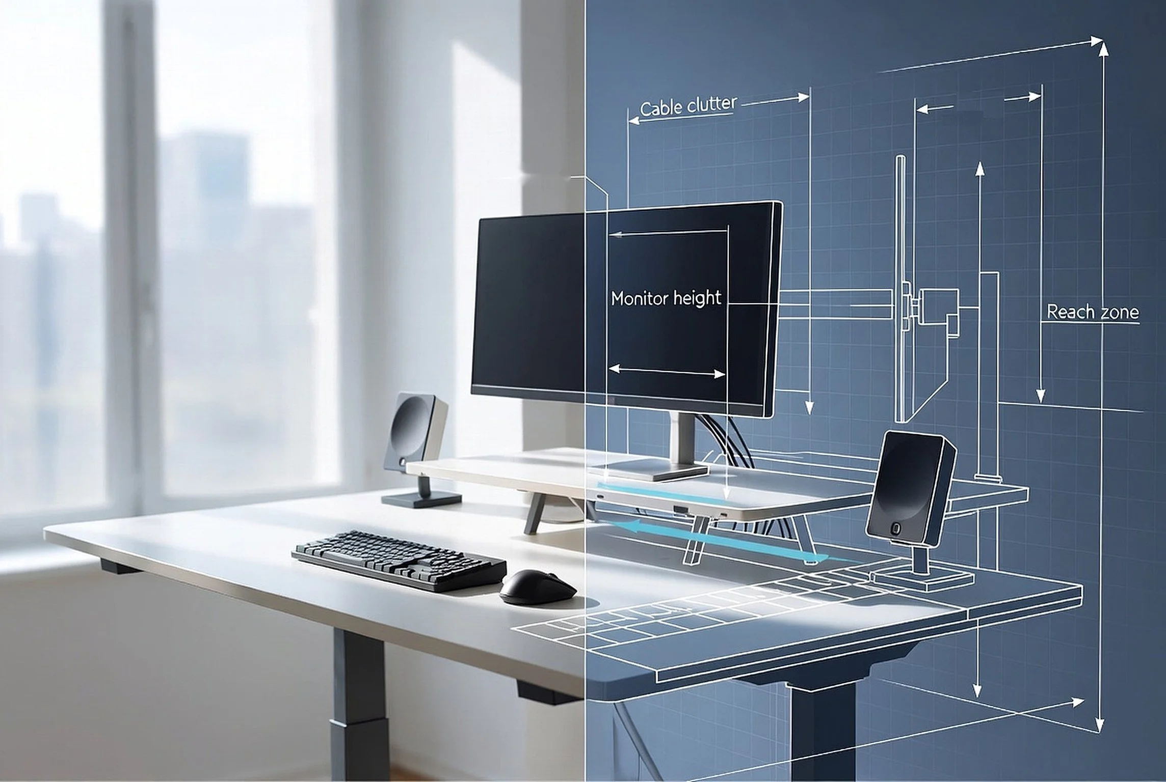 Desk photo transitioning into a technical blueprint with monitor height, cable clutter and reach zone measured