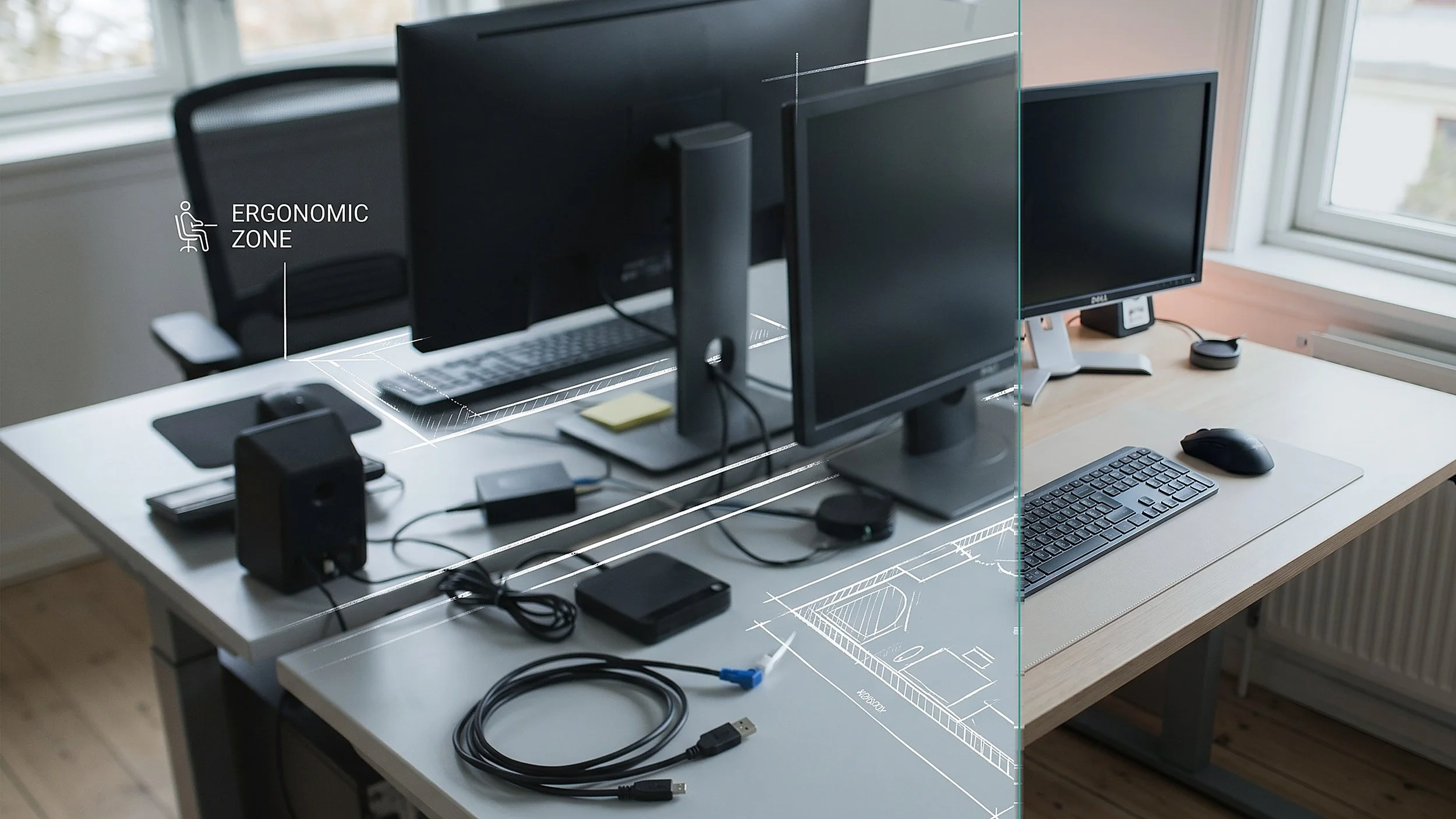 Messy desk with two monitors and tangled cables, before a Deskery audit