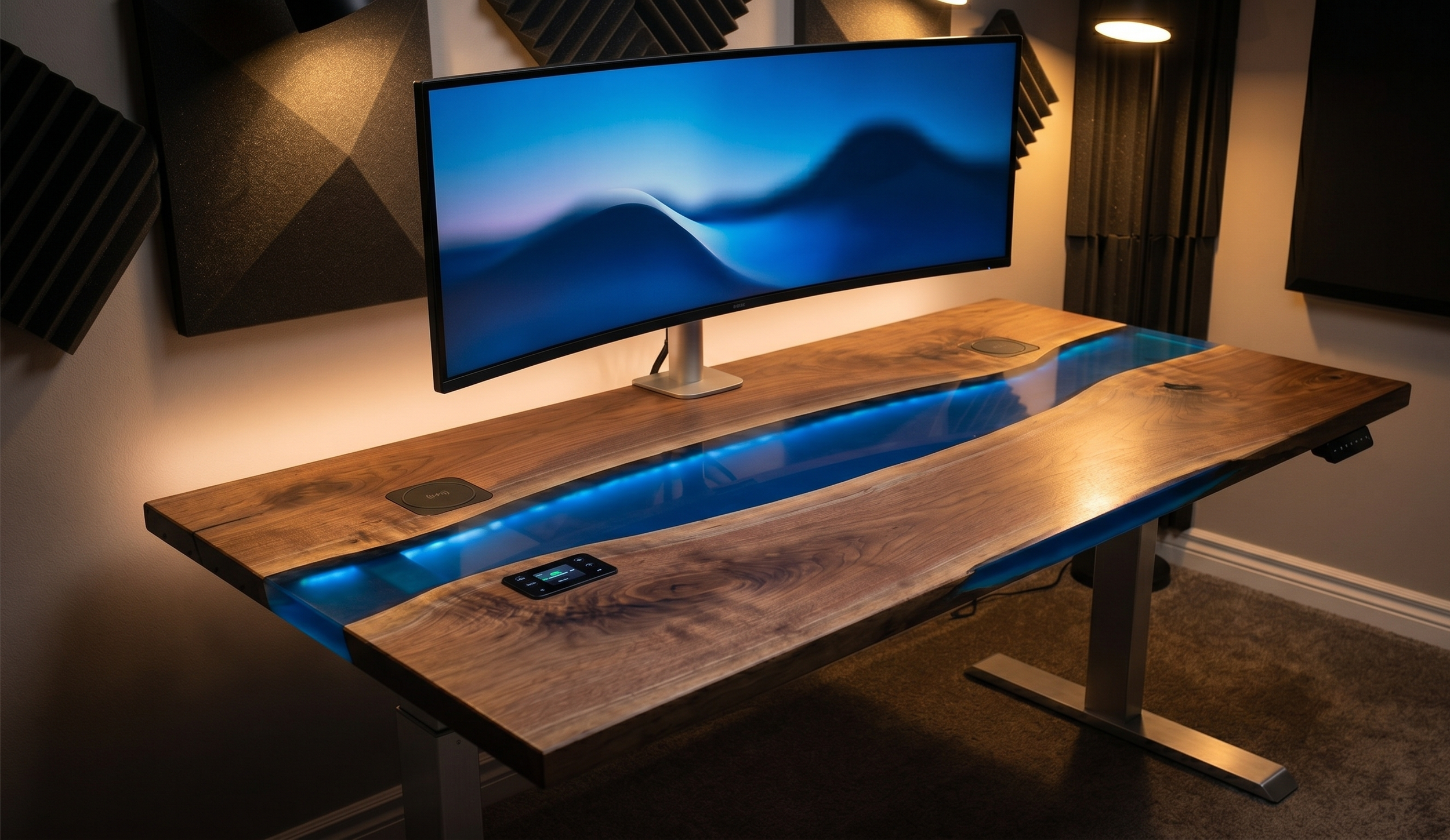 Finished custom desk build with integrated LED-lit cable channel and embedded smart control panel