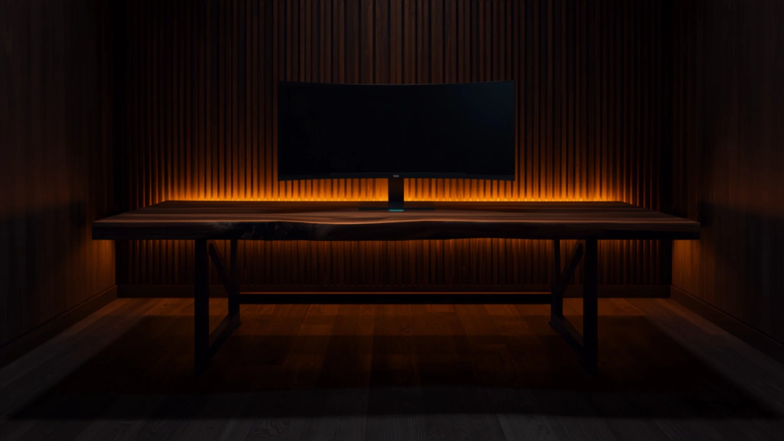 Custom-built live-edge walnut desk with a curved ultrawide monitor and warm backlit wood-slat wall — a complete Deskery build.