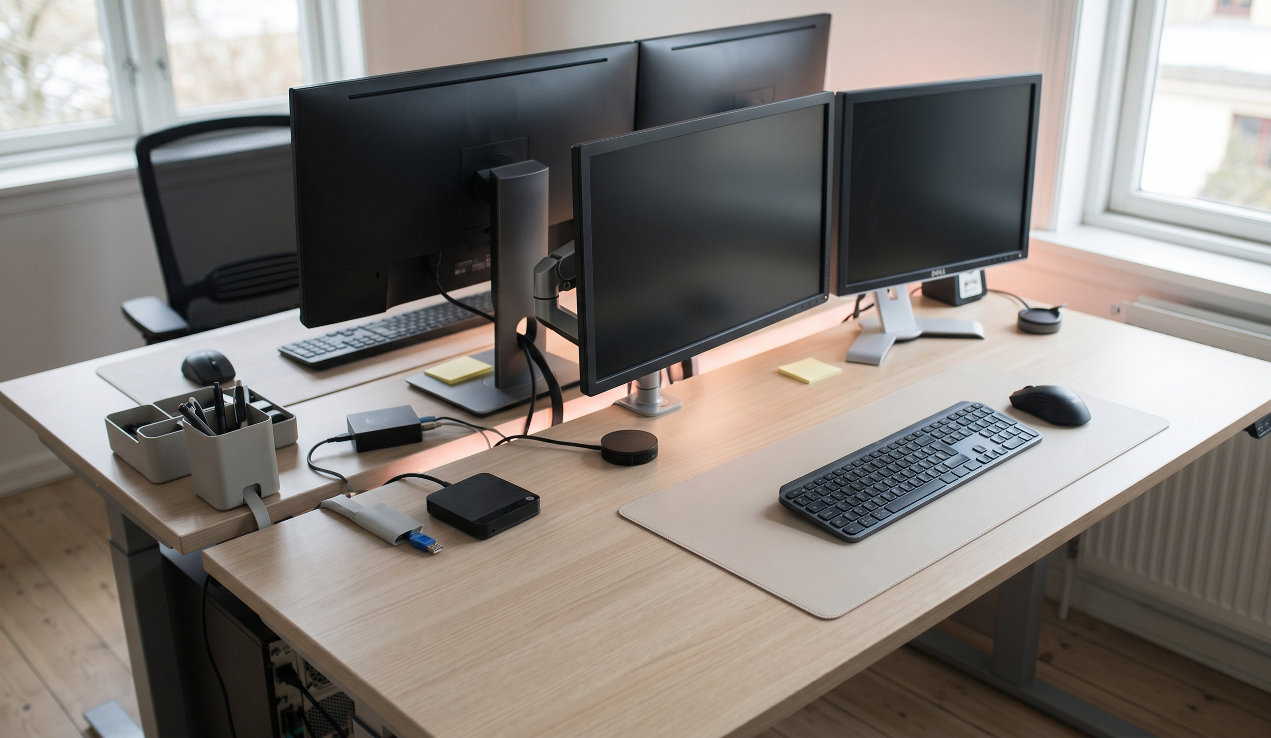 Reorganized multi-monitor desk setup with clean cable routing and ergonomic monitor mounts