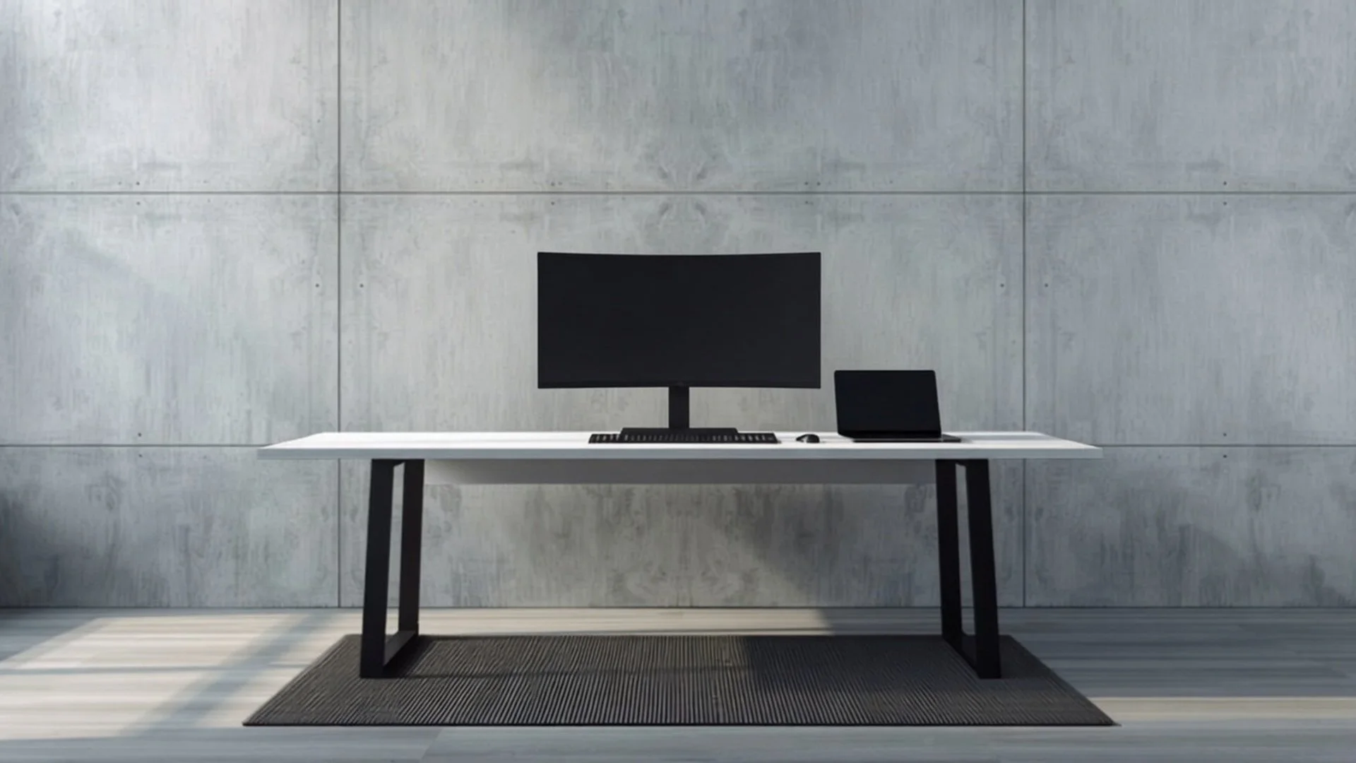 Corporate workstation with curved monitor, docking station and tidy cable management on a dark wall