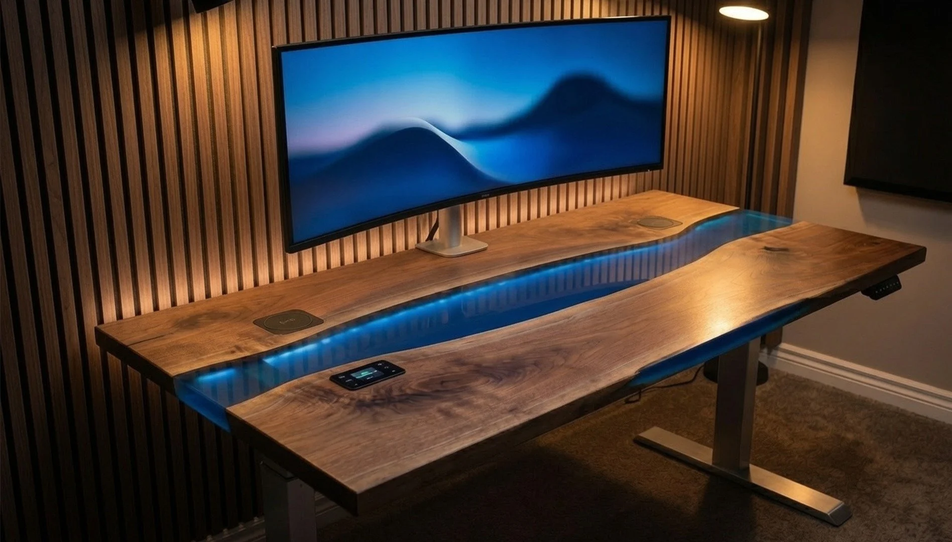 Custom walnut desk with a blue epoxy resin river, ultrawide monitor and hidden cabling — a Deskery Studios build
