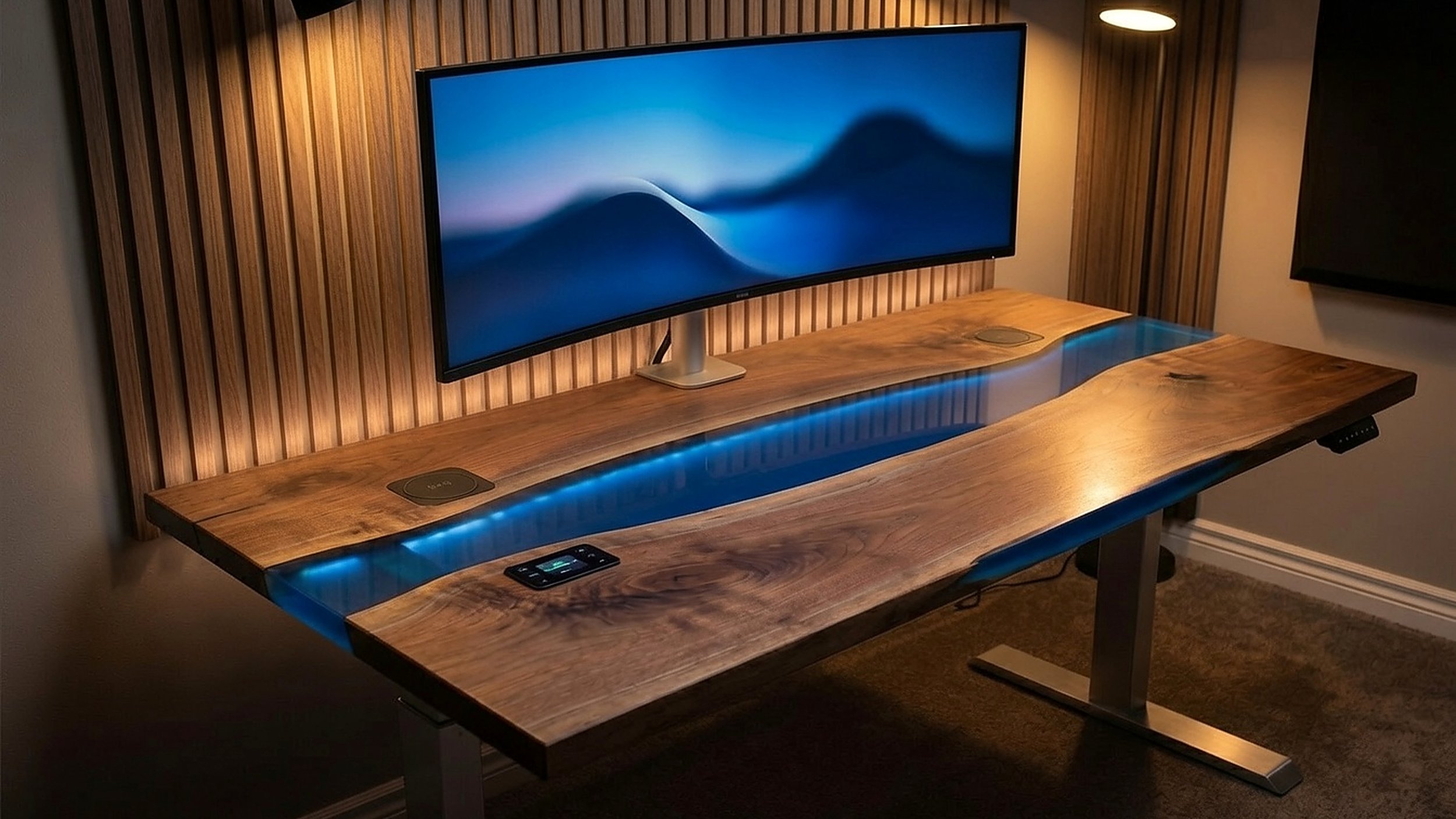Custom-built wooden desk with ultrawide monitor, LED lighting and wood slat wall