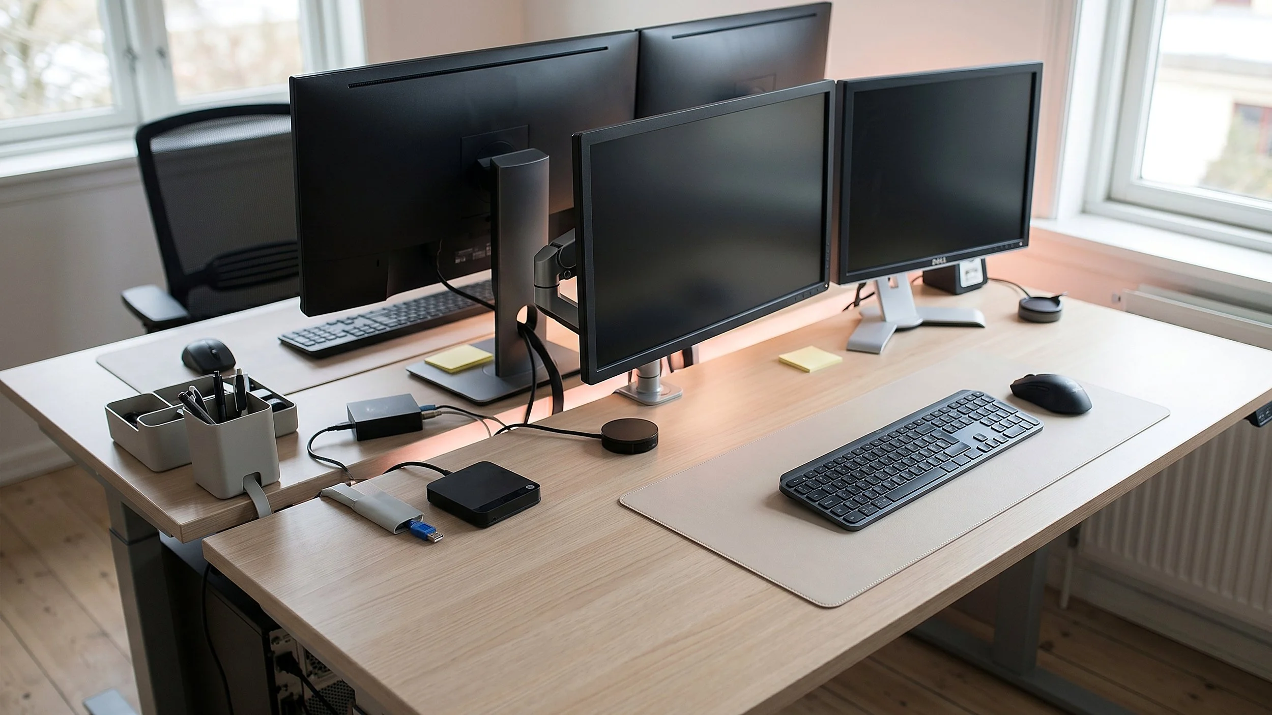 Clean dual-monitor desk setup after a Deskery rework, no visible cables