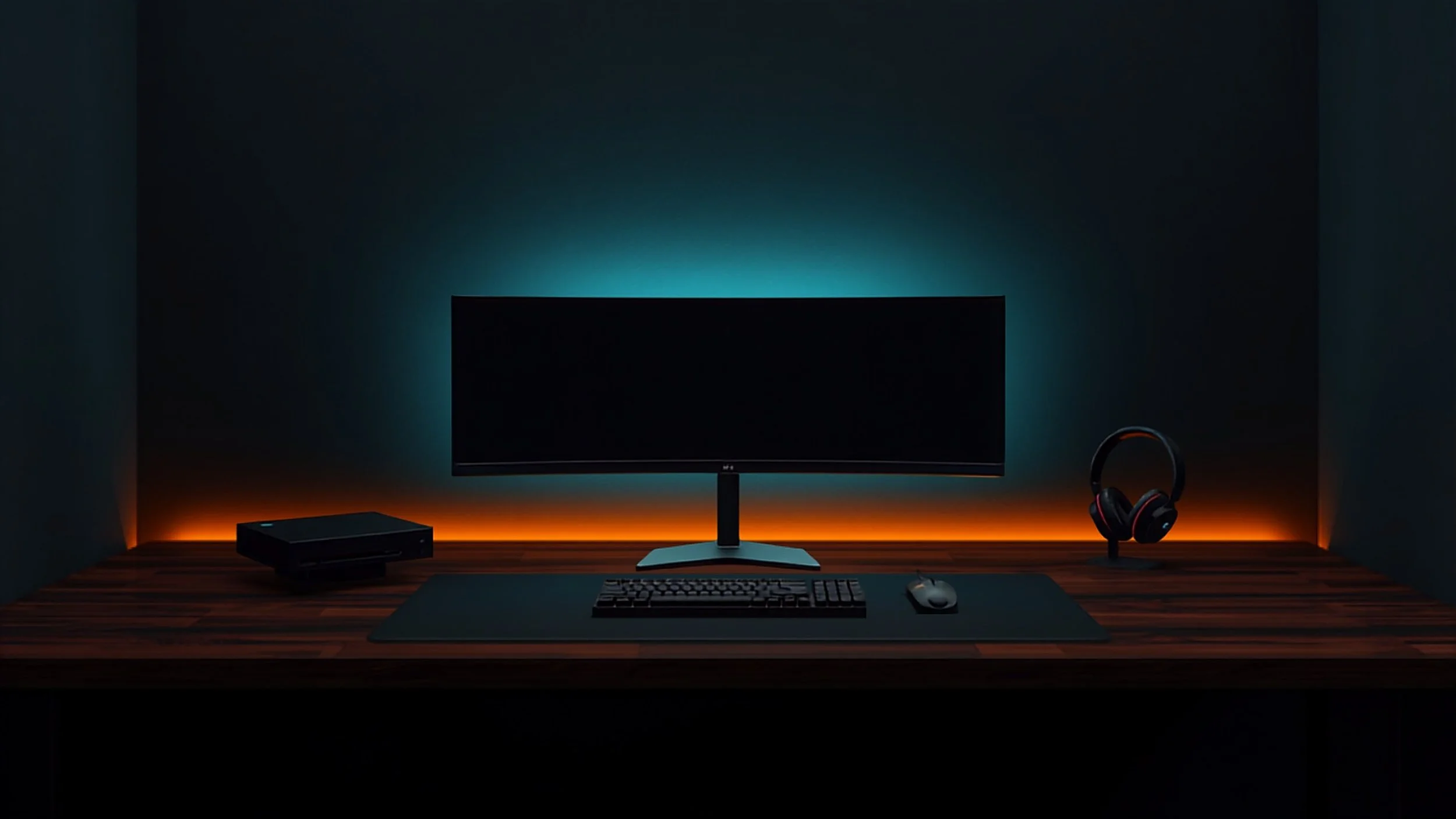 Gaming desk setup with curved monitor, RGB keyboard, headset and console on a green wall