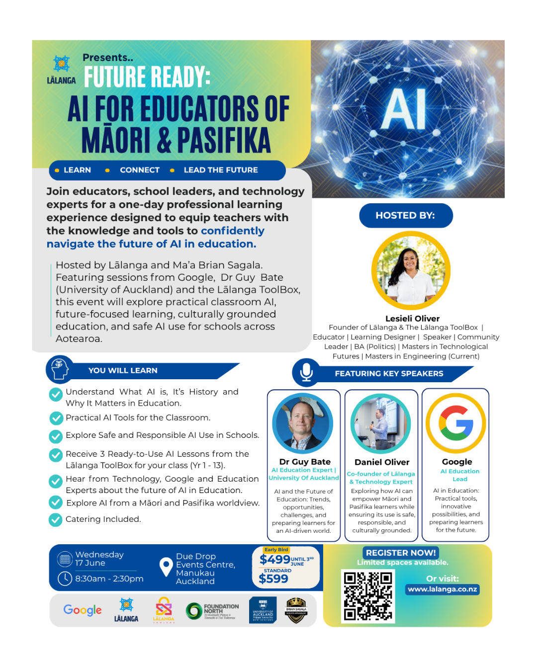 Future Ready AI for Educators of Māori and Pasifika conference poster featuring programme details, speakers Lesieli Oliver, Daniel Oliver, Google education insights, event information, and classroom-ready AI learning for educators.