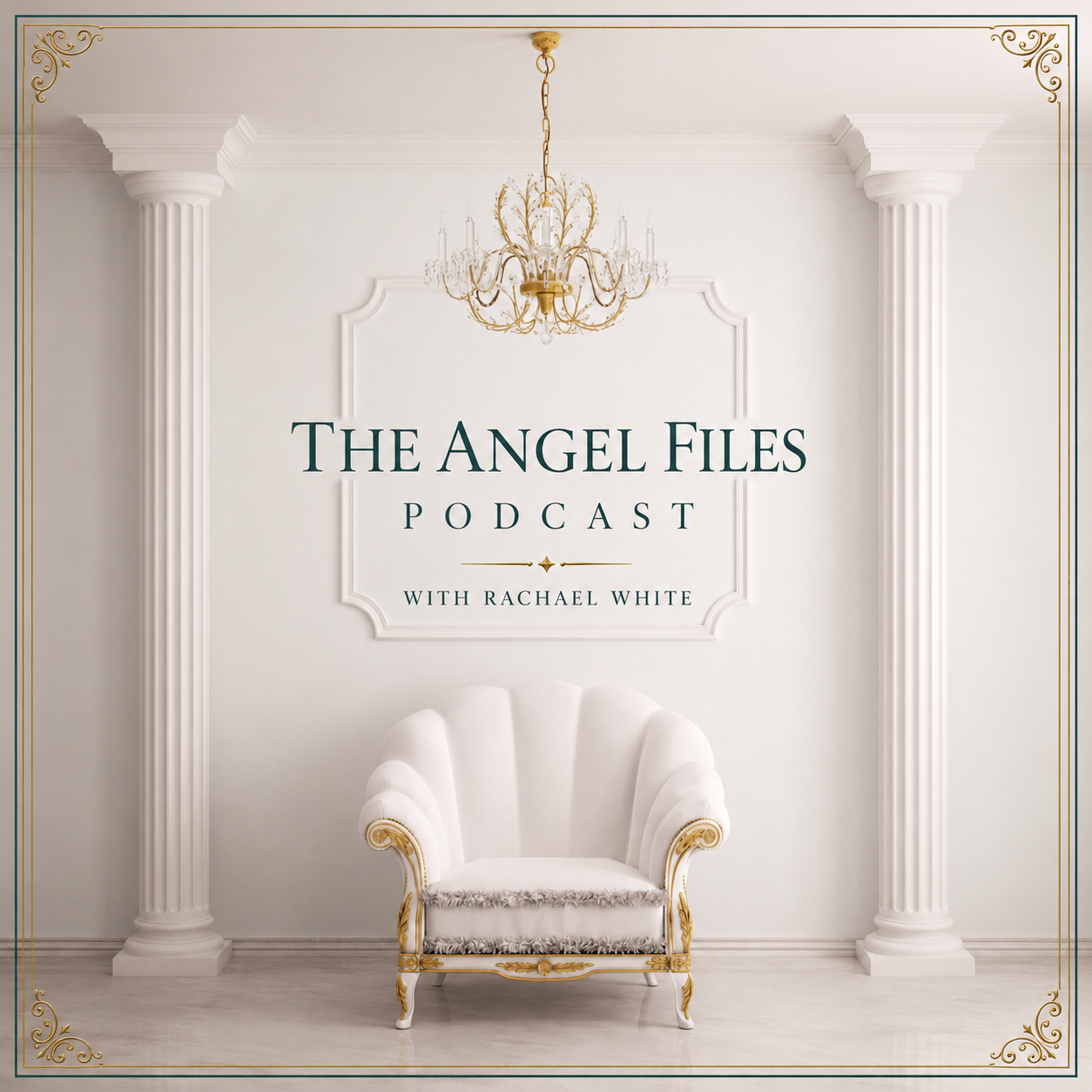 Elegant white room with a chandelier, two white columns, and a vintage white and gold armchair. Text reads 'The Angel Files Podcast with Rachael White'.