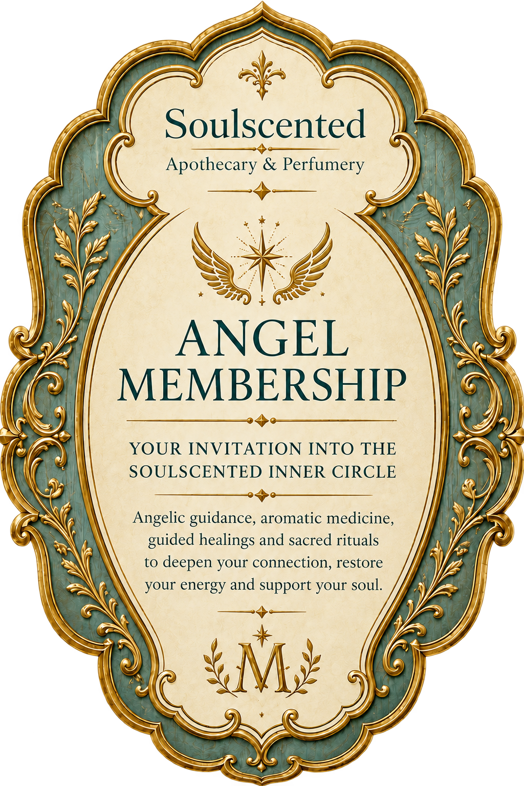 An ornate sign with gold trim and teal floral designs reading 'Soulscented, Apothecary & Perfumery, Angel Membership,' offering guidance, aromatherapy, and sacred rituals for deepening connection and restoring energy.