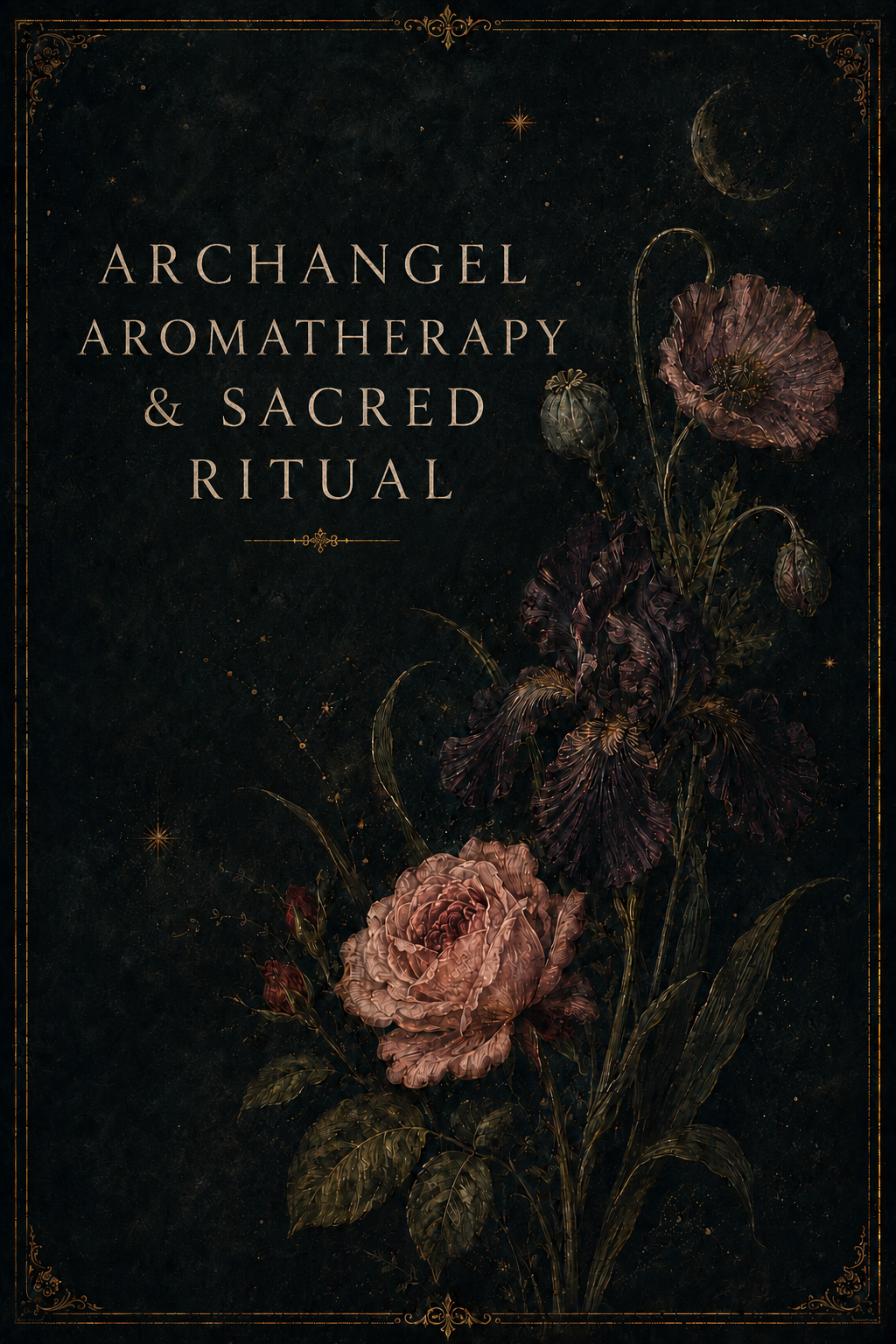 Dark background with ornate floral design and gold accents, featuring large pink and purple flowers and text that reads 'Archangel Aromatherapy & Sacred Ritual'.