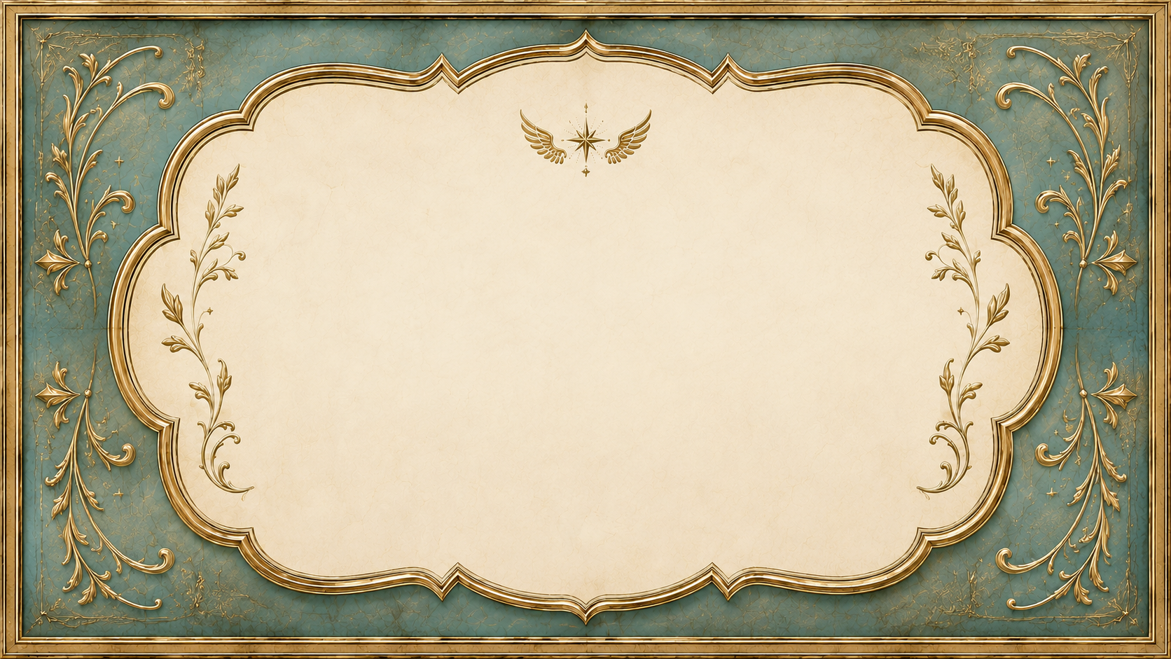 An ornate, vintage-style blank certificate or invitation with gold floral decorative border on a teal background.