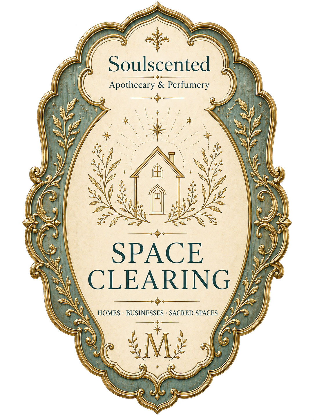 Ornate sign for Soulspired, an apothecary and perfumery, featuring a house illustration surrounded by laurel branches and star motifs, with the text 'Space Clearing' and services for homes, businesses, and sacred spaces.