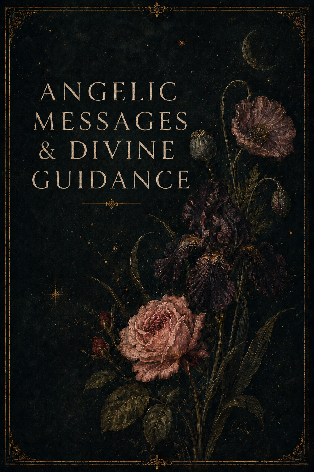 Dark background with floral illustration and the text 'Angelic Messages & Divine Guidance' in elegant font.